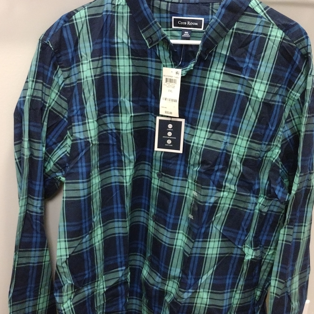 Club Room Navy and Teal Plaid Shirt, S, XXL, Cotton, Spandex, Moisture Wick, Men